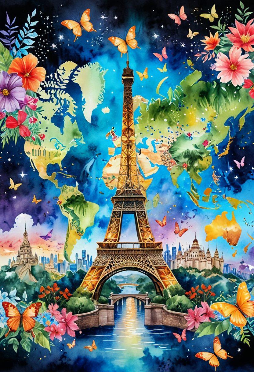 A vibrant world map showcasing stunning landmarks and attractions from different continents, with intricate details like the Eiffel Tower, Great Wall of China, and tropical beaches. Colorful butterflies and exotic flowers surround the map, representing the beauty of nature in various realms. A luminous sky filled with stars adds a magical touch to the scene. watercolor painting style. vivid colors. dreamy atmosphere.