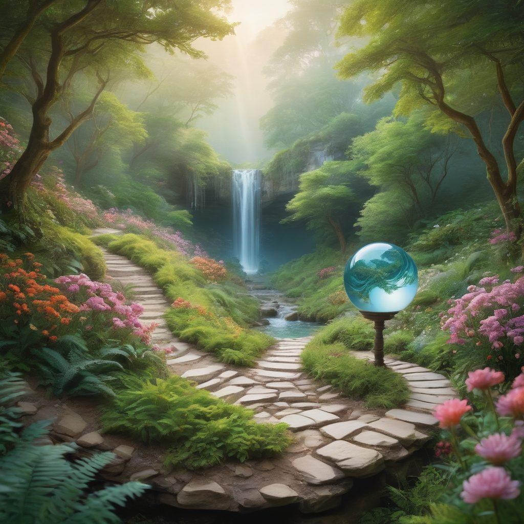 A mesmerizing landscape featuring vibrant, otherworldly spheres floating in a serene sky filled with pastel hues. Each sphere showcases various elements of natural beauty such as blooming flowers, waterfalls, and lush green forests, inviting the viewer to explore their enchanting realms. The foreground includes a winding path leading to a central large sphere, suggesting a journey of discovery. Soft, ethereal lighting enhances the magical atmosphere. super-realistic. vibrant colors. dreamy background.